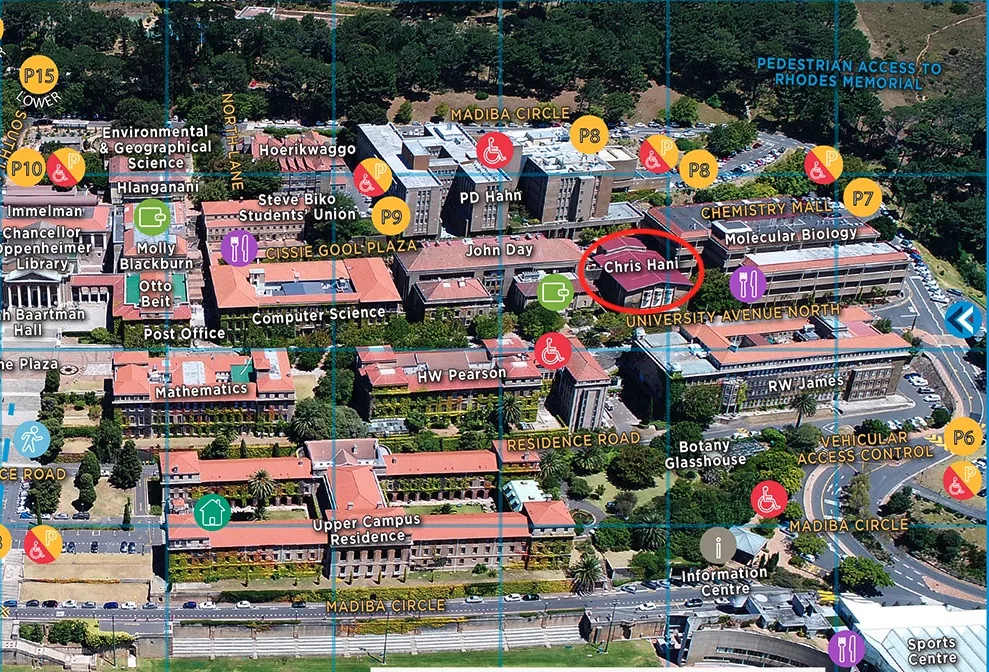 Aerial view of UCT Upper Campus with the Chris Hand lecture theatre highlighted